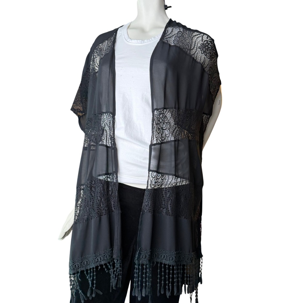 Nikibiki Kimono Cardigan Lace Panel Tassel Fringe Black Boho Whimsigoth Witchy M